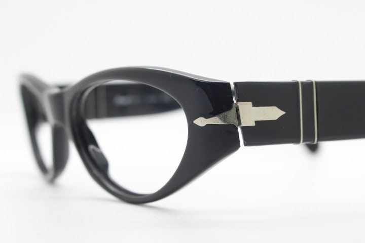 Persol cropped cat eye glasses. Plain Black gloss chunky acetate optical frame with big arms. Prescription eyeglasses. RX spectacles