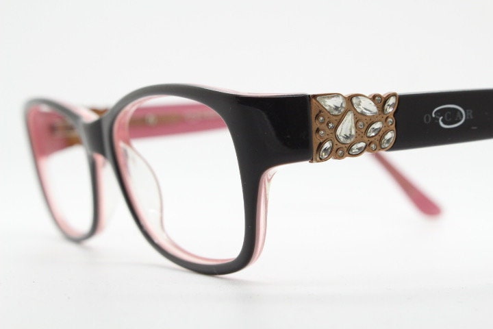Oscar de la Renta vintage diamante eye glasses. Leopard print layered acetate optical frames. Womens prescription RX eyeglasses. Rhinestone