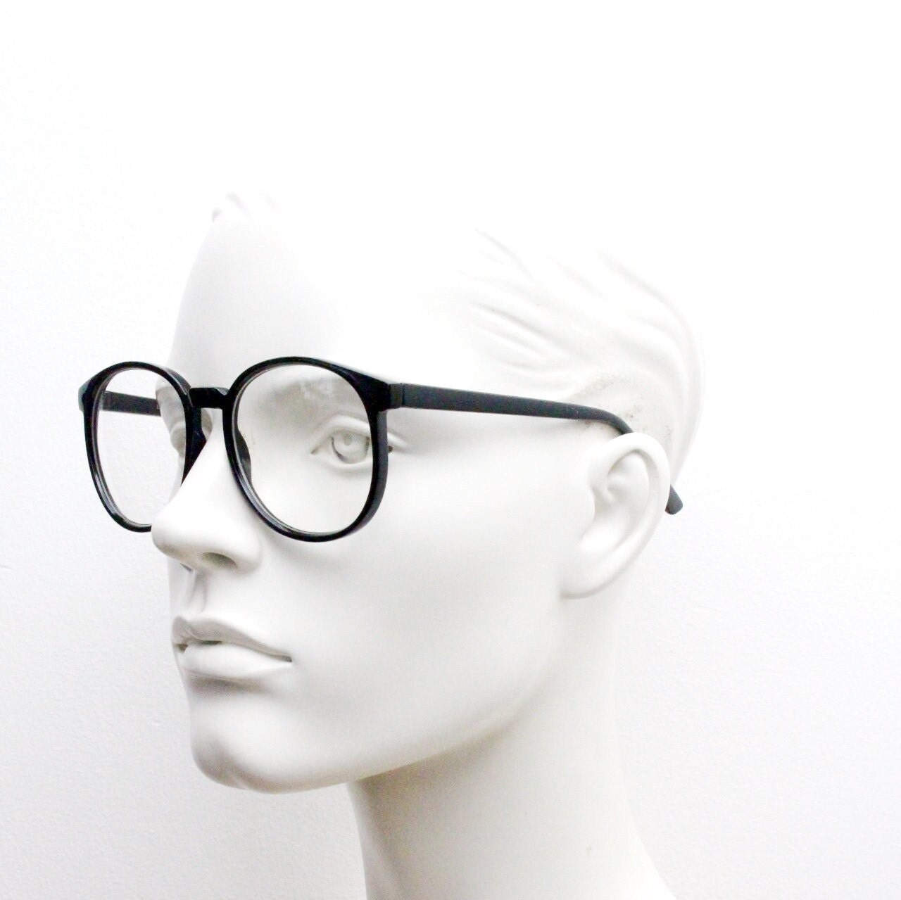 80s vintage black round glasses. Slightly oversized optical frames. Prescription eyeglasses with clear lens. RX spectacles