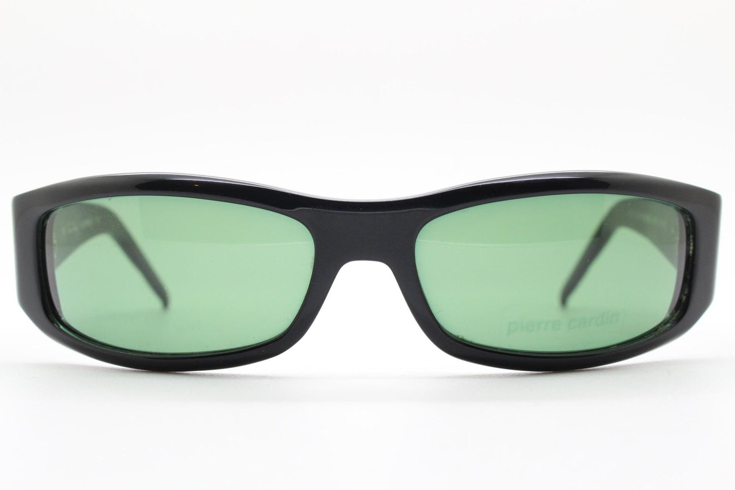 Pierre Cardin vintage 90s wrap around sunglasses made in Italy. Black acetate shield frame with quilted arms and diamante crest. NOS