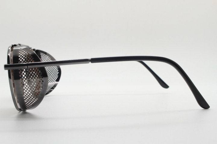 90s vintage round goggle sunglasses. All metal grey chrome frame with folding blinkers and brown lenses. Spoilers. Steampunk. NOS