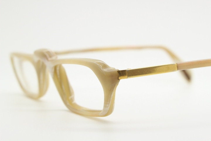 Versace rectangular 90s vintage small eye glasses made in Italy. Beige animal horn look acetate optical frames. Prescription eyeglasses. RX