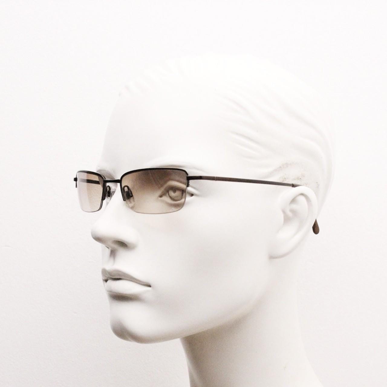 90s vintage small rectangular sunglasses. Minimal solid metal brown chrome half frame with light tone lenses. 2000's. Y2K. NOS. BNWT