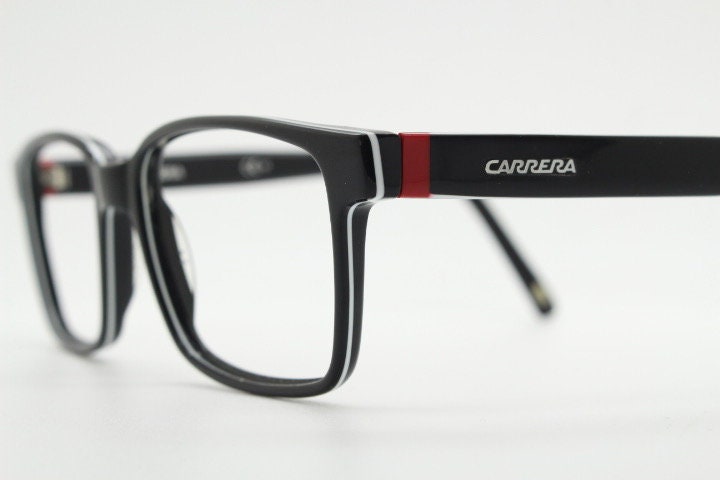Carrera rectangular eye glasses. Black and white layered acetate optical frames. Prescription eyeglasses. Vintage RX spectacles