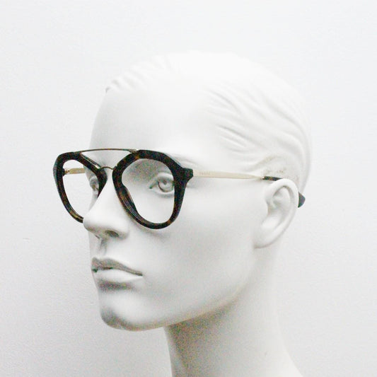 Prada angular eye glasses made in Italy. Thick tortoise acetate optical frames with prominent gold double bridge. Prescription. RX