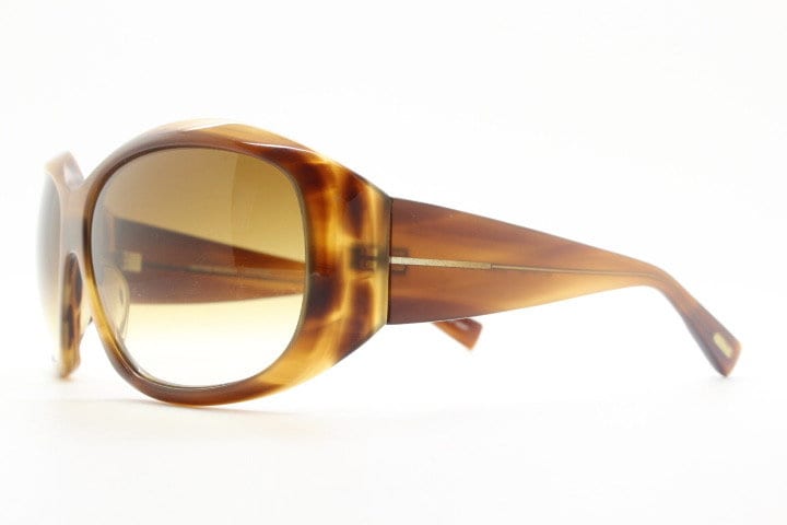 Oliver Peoples vintage Y2K wrap around sunglasses model Vanadis made in Japan. Big bug eye with tall arms in mottled brown acetate frame