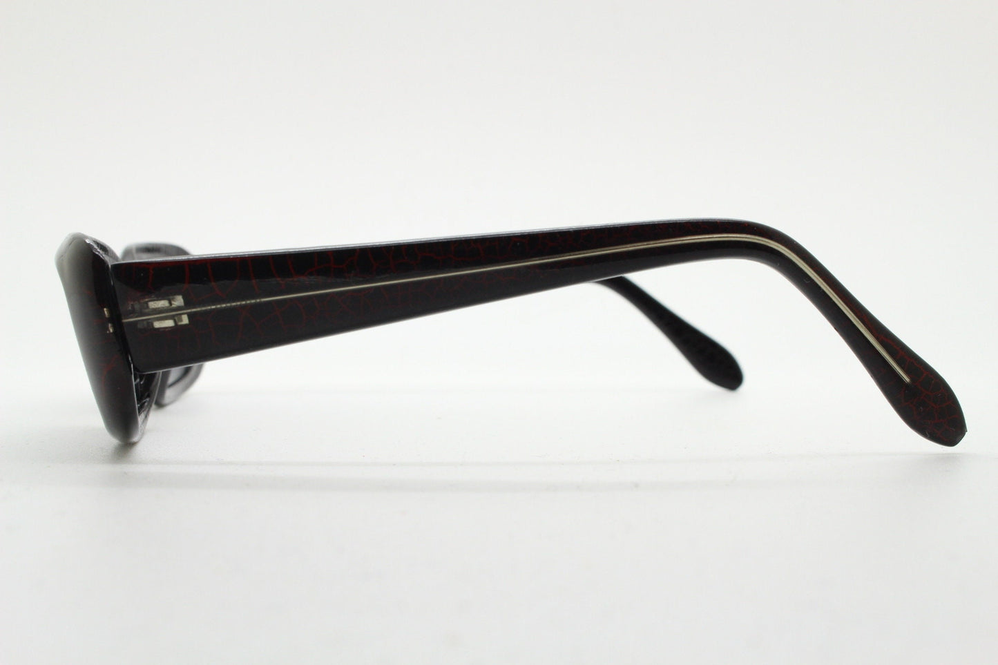 90s authentic vintage abstract rectangular sunglasses. Thickened black frame with red crackle print. NOS
