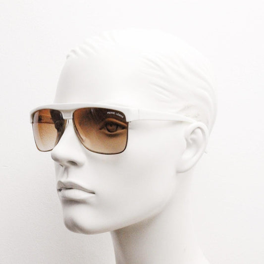 Pierre Leman Paris 80s vintage rectangular sunglasses made in France. Ice white flat top half frame with brown graduating lenses