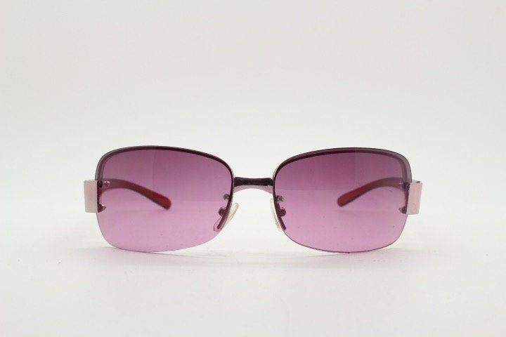 Y2K vintage big rectangular sunglasses. Half frame 2000's wrap around with purple curved lenses and matching purple chrome trim. 00's