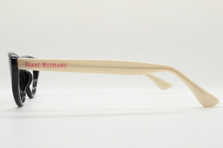 Isaac Mizrahi vintage cat eye glasses. Womens black gloss cateye optical frames with beige arms. Prescription RX eyeglasses. NOS spectacles
