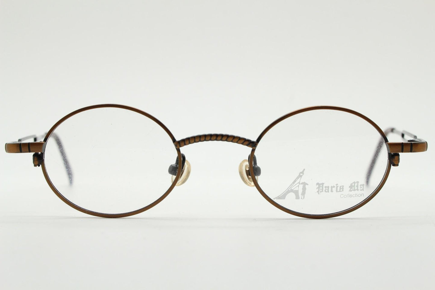 Paris Ma 90s vintage small oval eye glasses. Brushed bronze optical frames with charming arm details. Prescription. Steampunk spectacles NOS