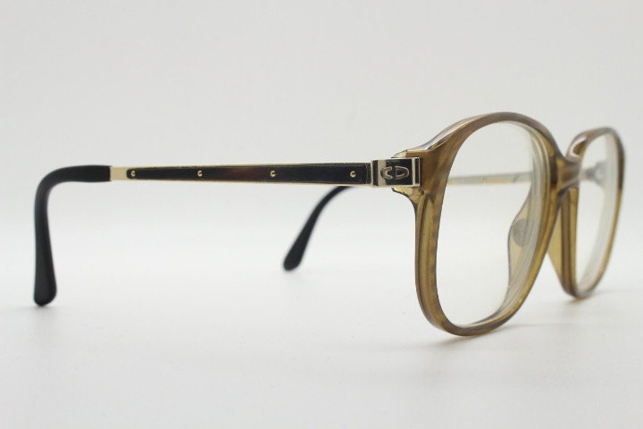 Christian Dior 70s vintage square eye glasses. Transparent mottled brown optical frame with gold and enamel arms. Mens Prescription RX