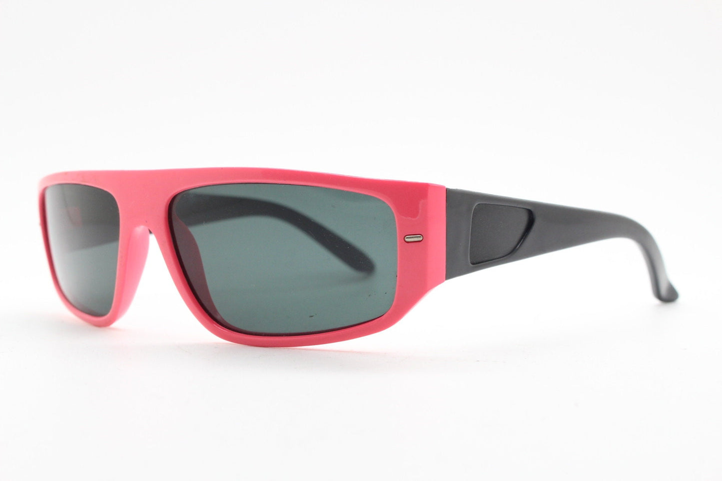 80s vintage 2 tone sunglasses. Aerodynamic flat top shield style wrap around frame in pink and black with real glass lenses. Unused NOS