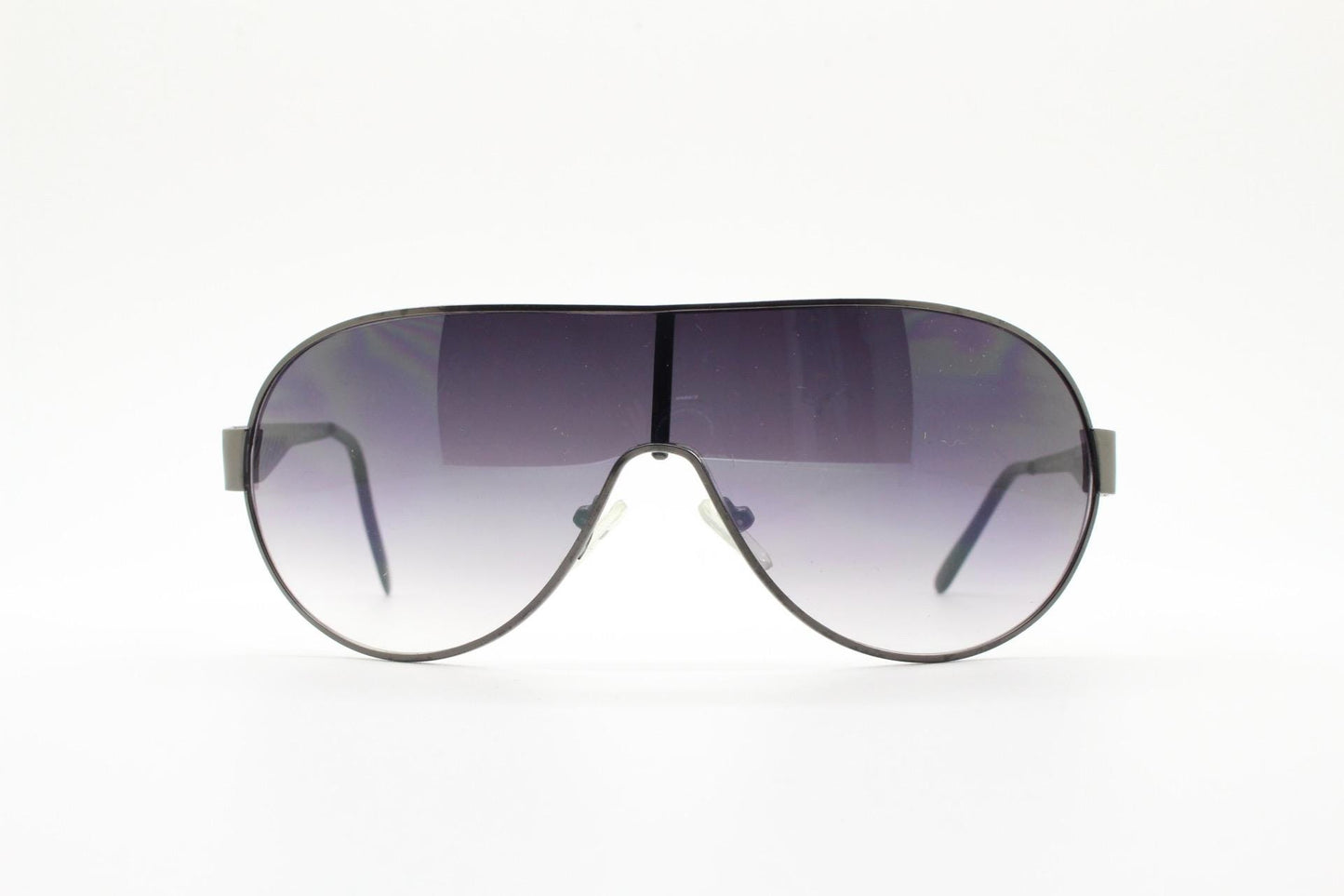 Y2K vintage large mask aviator sunglasses. Grey curved wrap around shield design with graduating monolens and cut out arm stripes. 2000s NOS