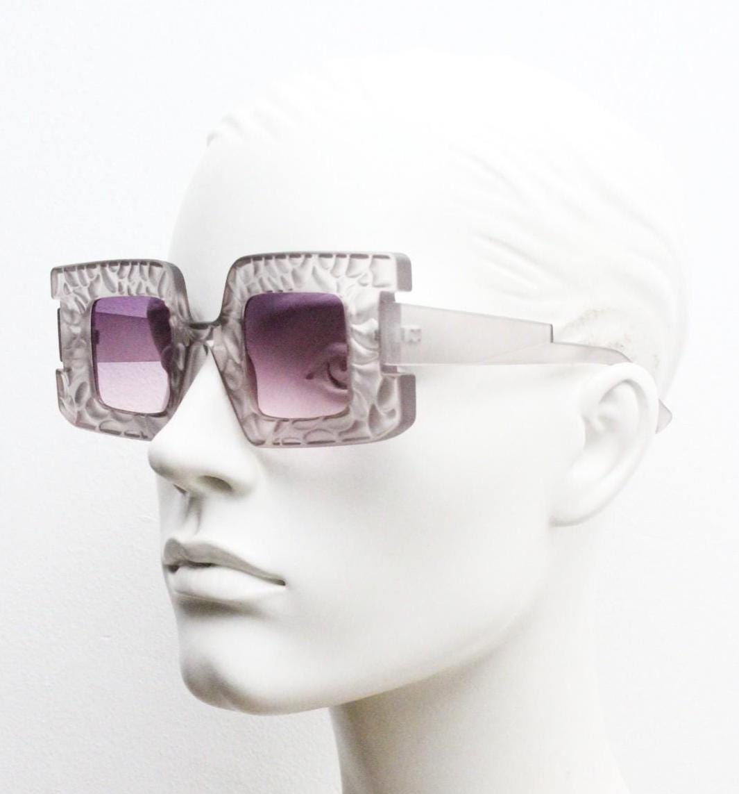 Vintage oversized square sunglasses. Women's radical fashion poseur shades with abstract patterned transparent frame with pink lenses. BNWT
