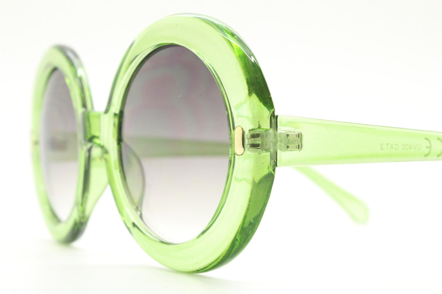 Y2k vintage oversized round green sunglasses. Women's big 60s mod design transparent frame with smoky black gradient lenses. Unused BNWT