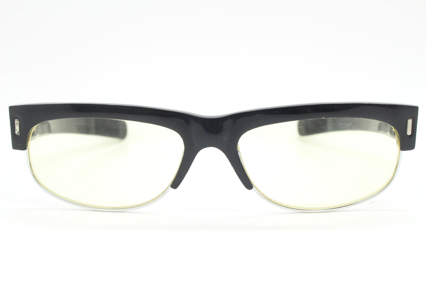 90s vintage half frame glasses. Black gloss low profile flat top design with straight arms and clear lenses. Unused NOS