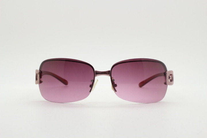 Y2K vintage rectangular purple sunglasses. Half frame 2000's wrap around with lethal mulberry curved lenses, gold trim and temple crests