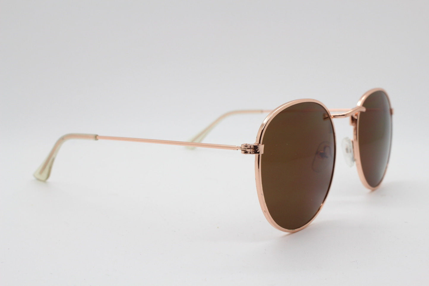 90s vintage round metal sunglasses, 60s style rose gold frame with brown lenses. NOS panto