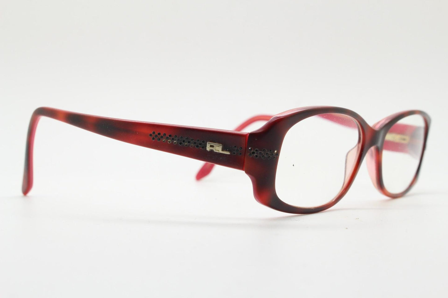 Ralph Lauren rectangular eye glasses made in Italy. Black and dark red acetate optical frame and dark diamantes. Vintage Y2K RX spectacles