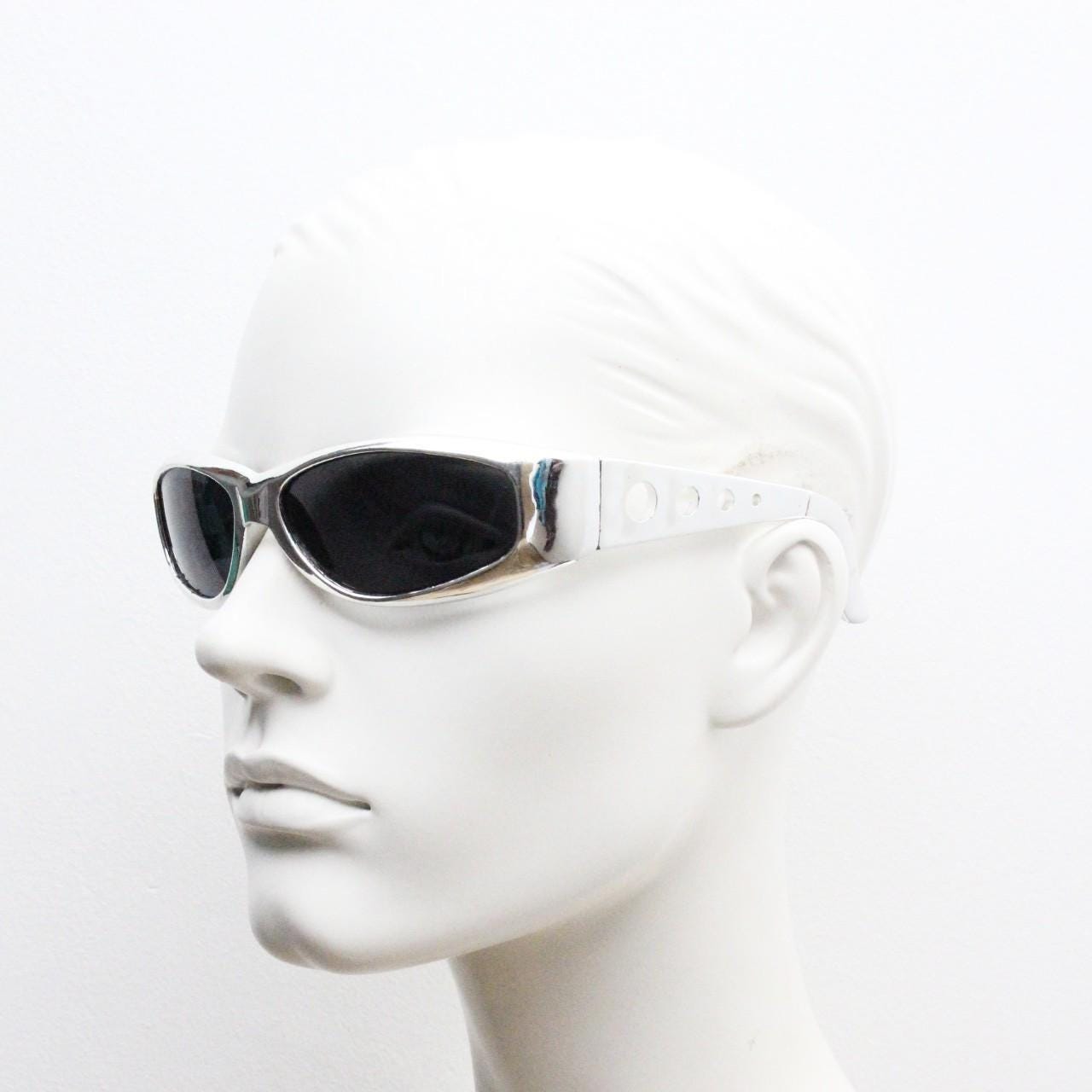 90s vintage visor sunglasses. Hyper real metallic silver superhero style mini mask sport shield with black lenses. Wrap around. NOS cosplay