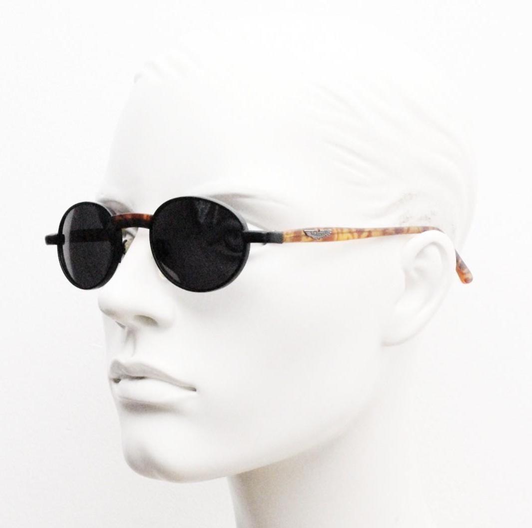 90s oval vintage metal sunglasses. Classic 1990s features of minimal satin finish solid frame with matt tortoise arms. Steampunk. Unused NOS