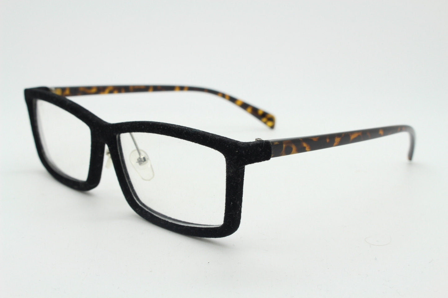 Y2K vintage black velvet glasses with tortoise arms. Stylised rectangular clear lens eyeglasses. NOS optical frames. RX spectacles