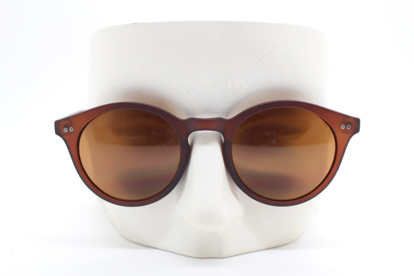 90s vintage small round sunglasses. 30s, 20s design brown frame in a rubber finish with matching warm brown lenses. BNWT
