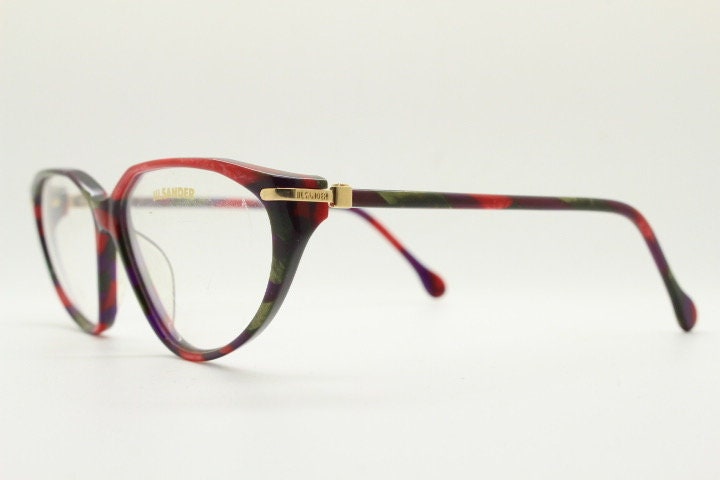 Jil Sander 90s vintage cat eye glasses model 242. Red and black marbled acetate cateye optical frame. Womens RX prescription eyeglasses. NOS