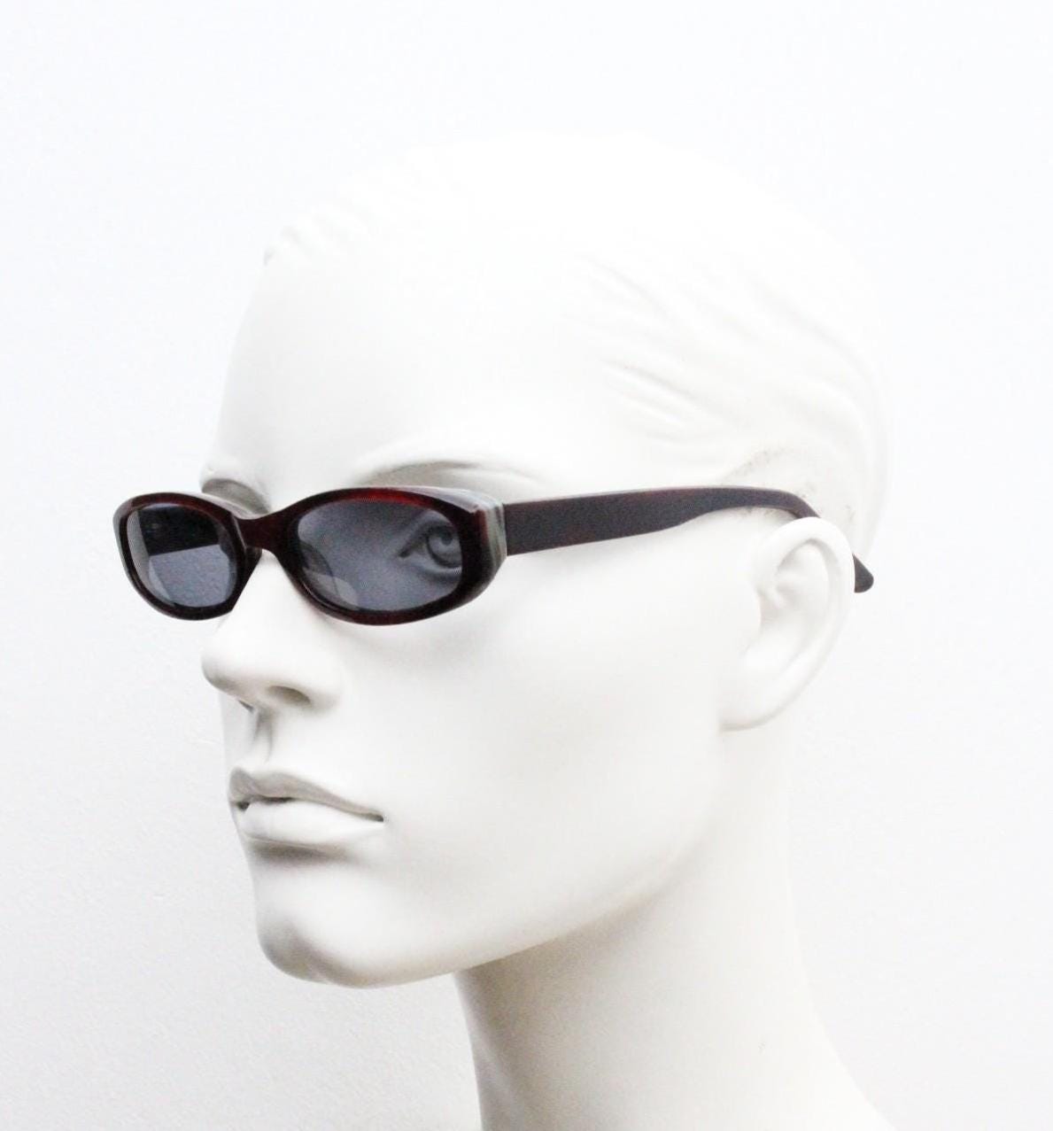 90s vintage rectangular sunglasses. Minimal low profile dark brown layered acetate frame with grey lenses. BNWT Unused NOS
