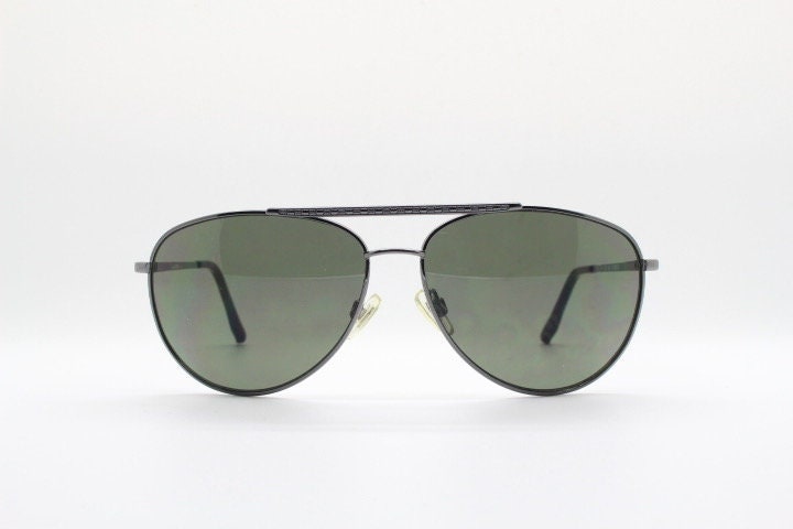 Gianfranco Ferre vintage aviator sunglasses made in Italy. Gunmetal grey chrome frame with green lenses. Mens aviators. Y2K New Old Stock