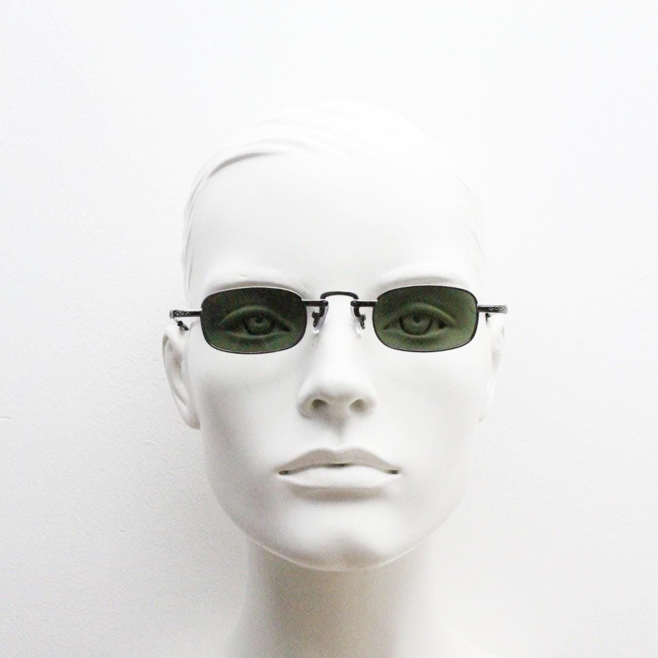 90s vintage small rectangular sunglasses. Imposing minimal gunmetal grey victorian style frame with green lenses. Steampunk. Unused NOS