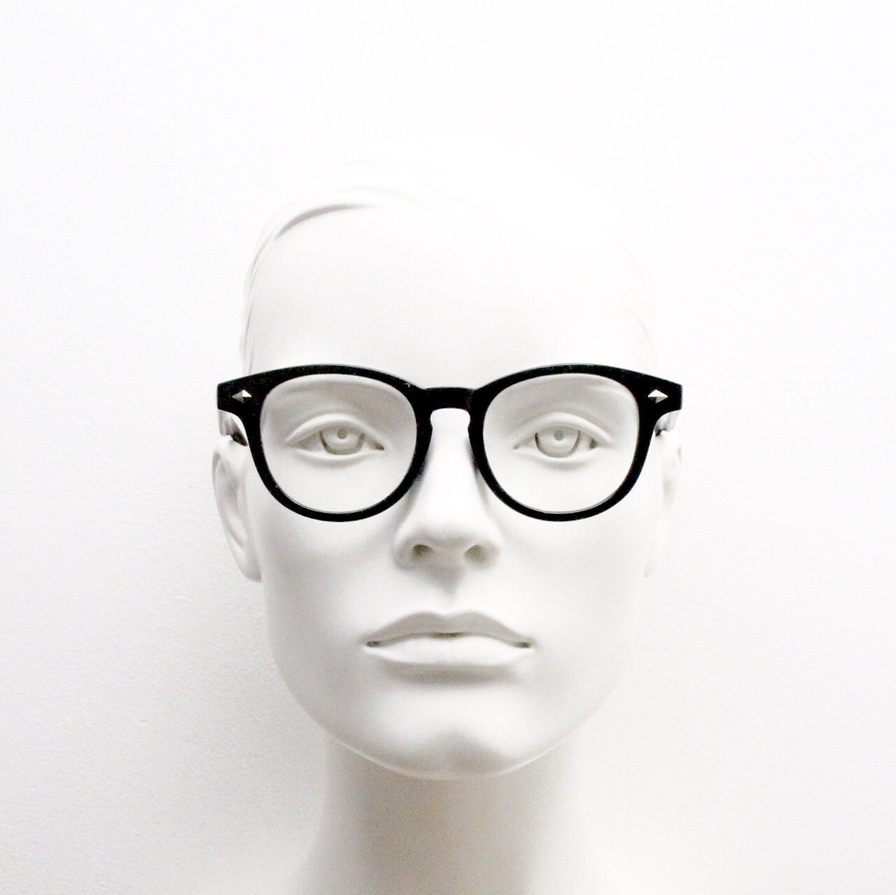 90s vintage modified wayfarer design glasses. Black gloss 40s, 50s shape optical frames with clear lenses. Prescription eyeglasses. NOS
