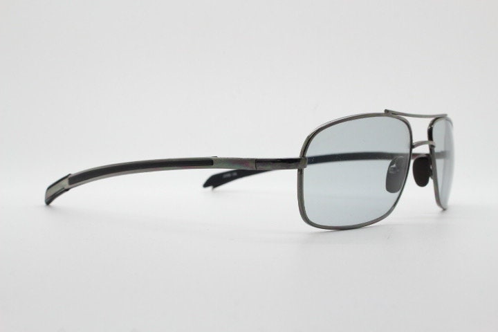 90s vintage modified rectangular aviator sunglasses. Gunmetal chrome frame aviators with light tone smoky grey lenses. Unused NOS