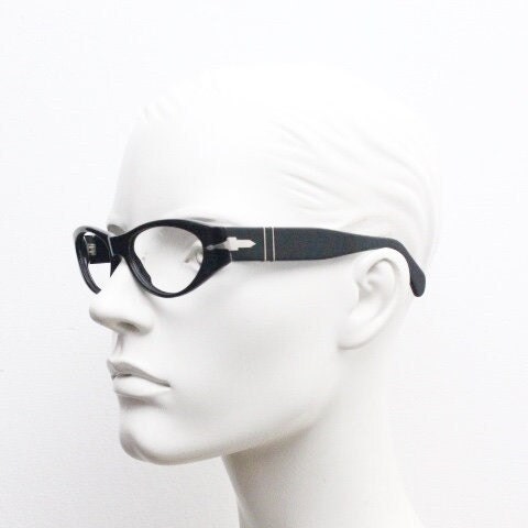Persol cropped cat eye glasses. Plain Black gloss chunky acetate optical frame with big arms. Prescription eyeglasses. RX spectacles