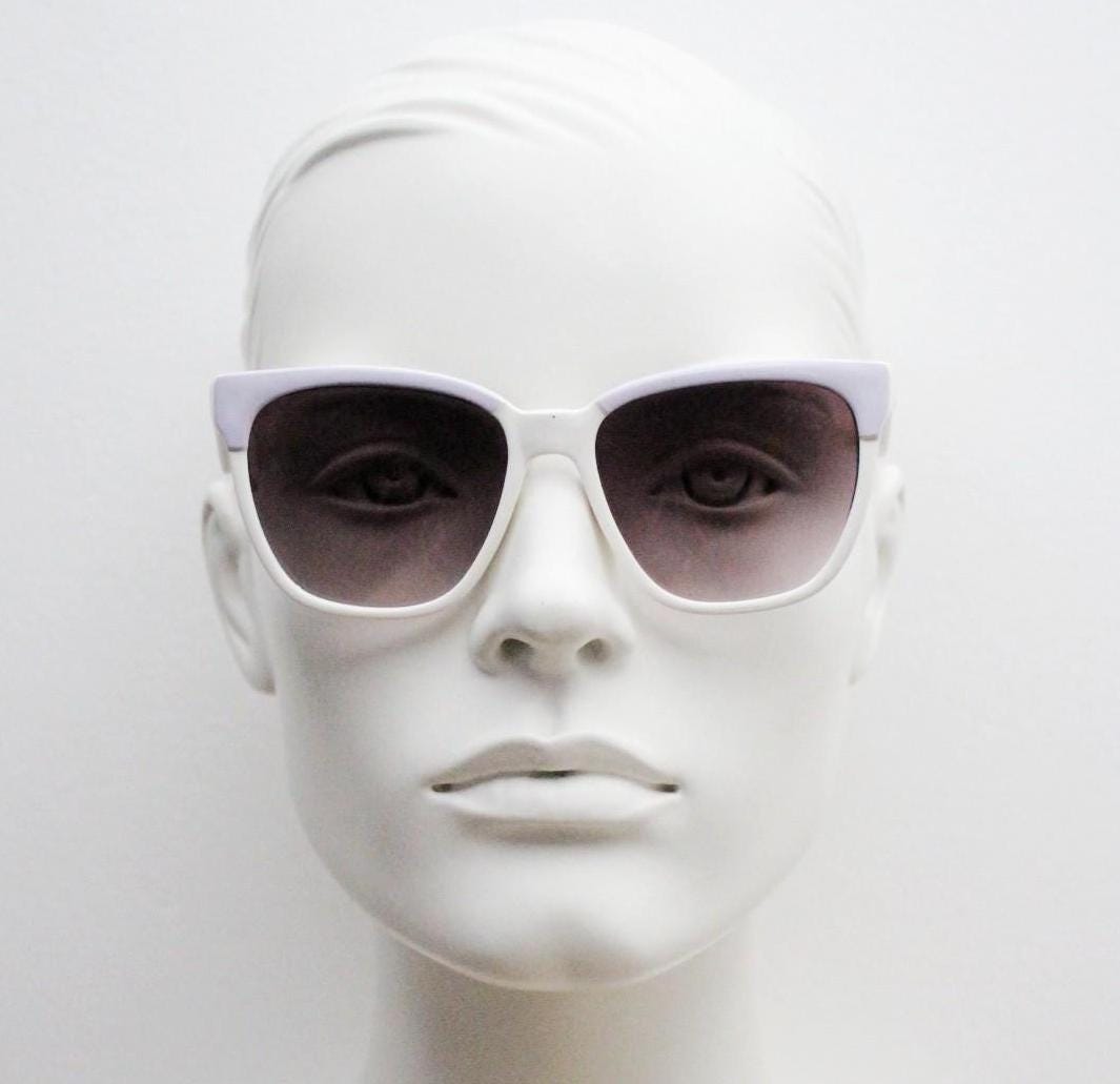 80s vintage square cat eye sunglasses. Women's ice white frame with lilac brows and smoky purple lenses. Rockabilly pin up cateye. NOS