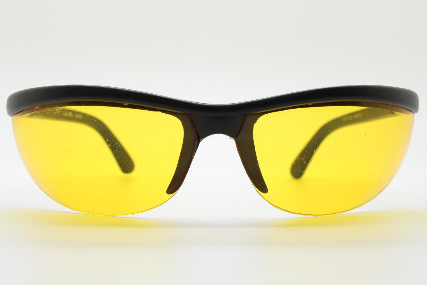 90s vintage half frame shield sunglasses. Thick matt black wrap around brow with intense orange bug eye lenses. Rave fashion grail. NOS