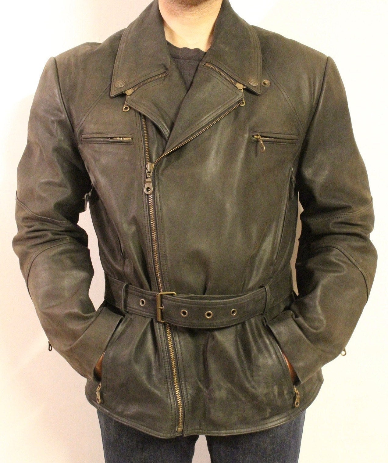 Vintage 80s motorcycle jacket. Gunmetal grey real leather biker. 40s design with back padding and vents. BNWOT