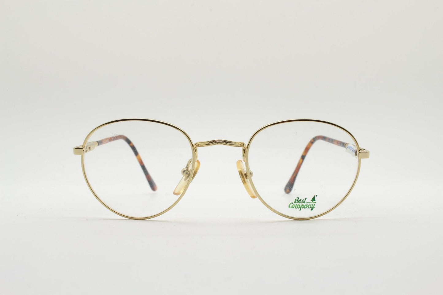 90s vintage round panto metal eye glasses by Best Co. Minimal gold optical frames with tortoise arms. Prescription eyeglasses. RX spectacles