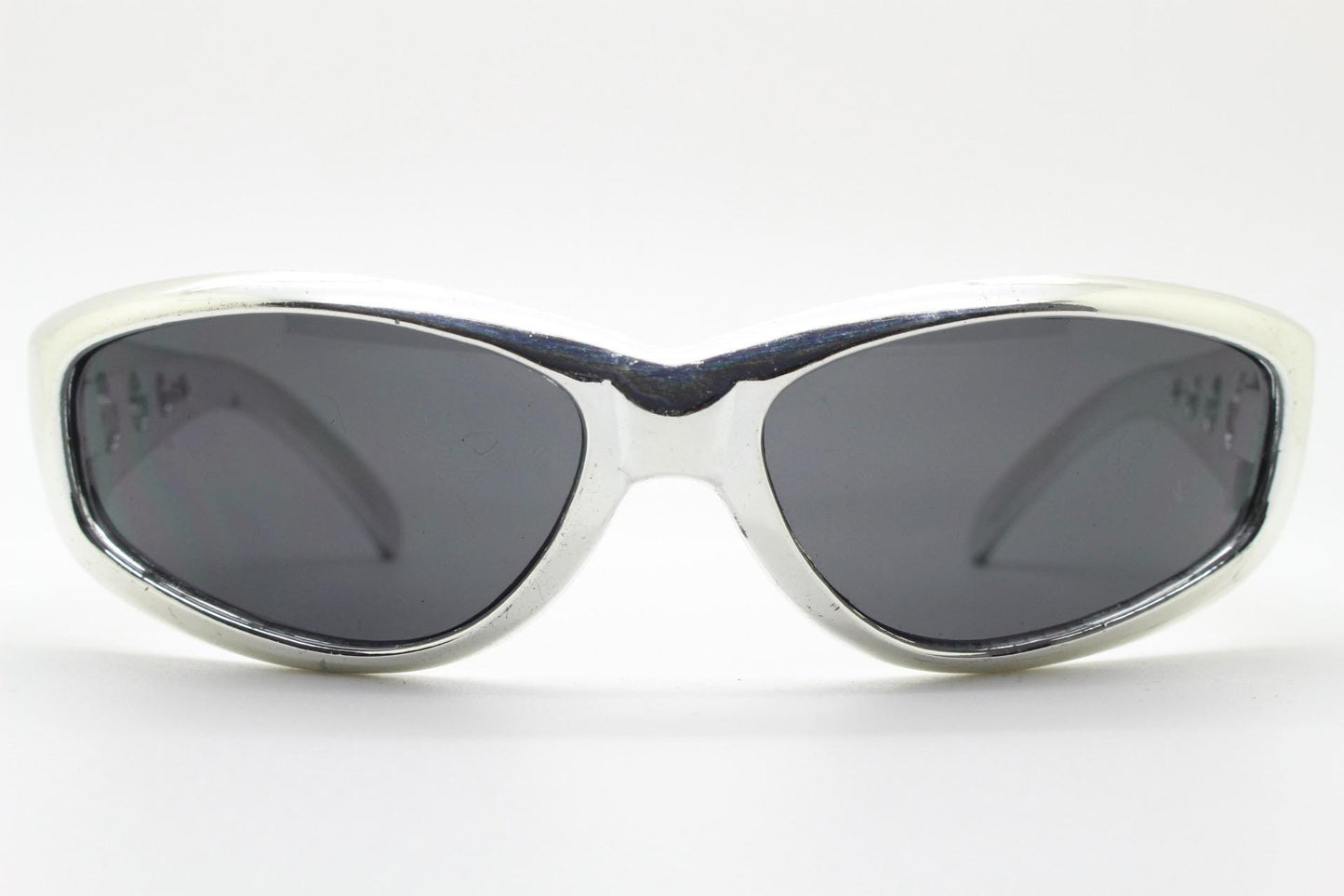 90s vintage visor sunglasses. Hyper real metallic silver superhero style mini mask sport shield with black lenses. Wrap around. NOS cosplay