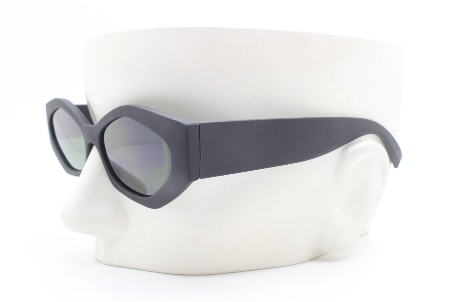 Vintage 90s low profile hexagon sunglasses. Jet black sharp angled 6 sided frame with full height arms in a matt rubber finish. Unused BNWT