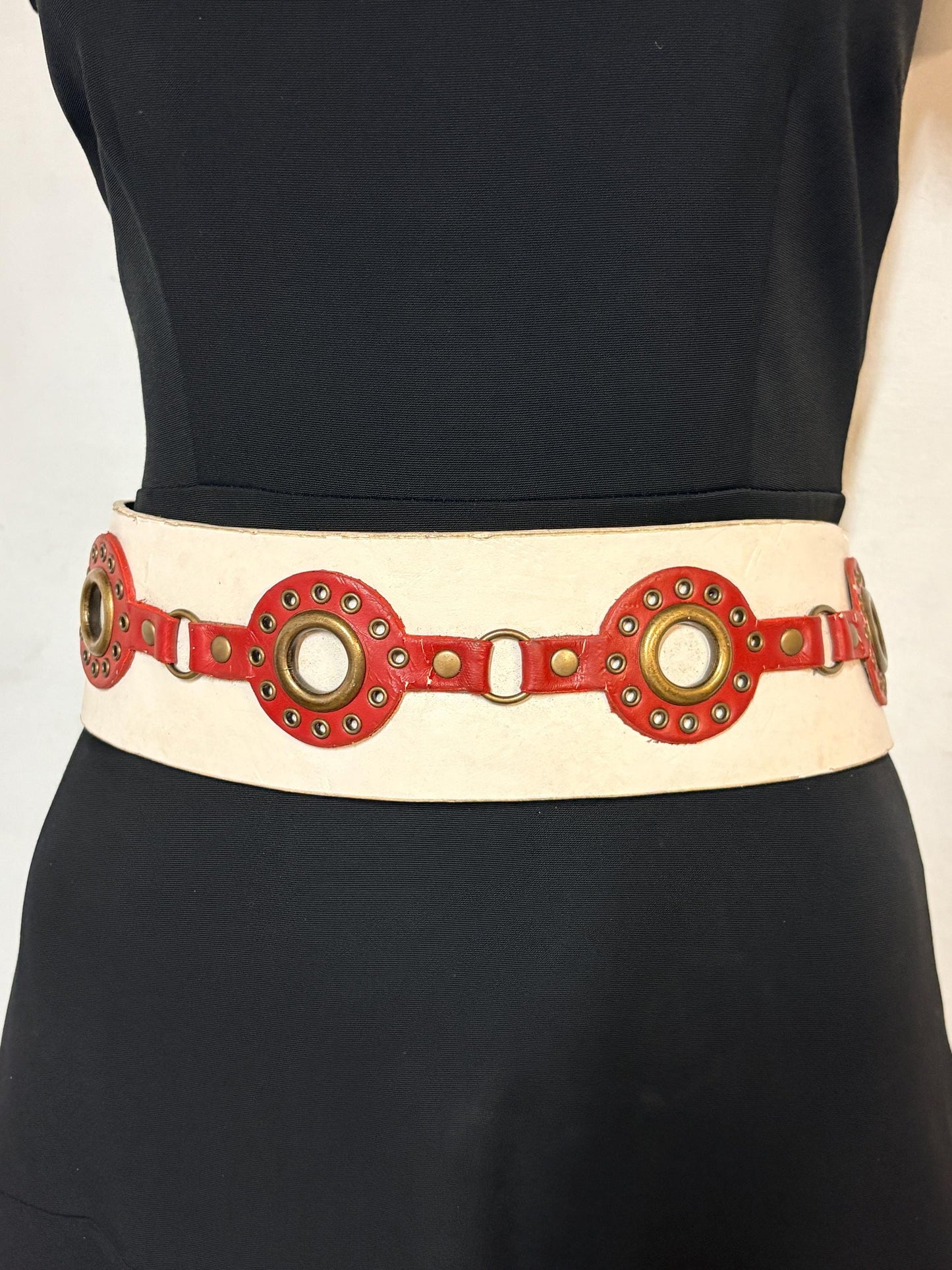 Y2K vintage womens white dress belt with red 'telephone dial' circles applique. Genuine 2000s with brass trims and buckle. NOS