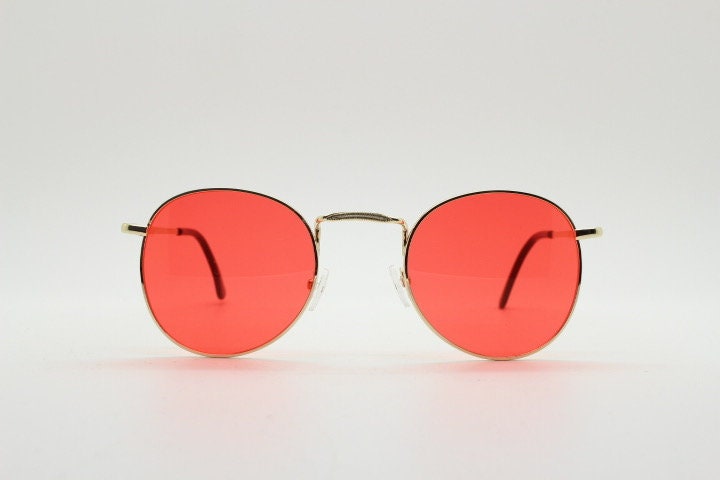 90s vintage round metal sunglasses, 60s style gold frame with blazing red lenses. Unused. Unused NOS Panto