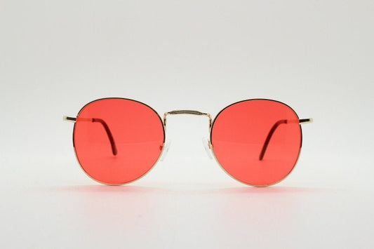 90s vintage round metal sunglasses, 60s style gold frame with blazing red lenses. Unused. Unused NOS Panto