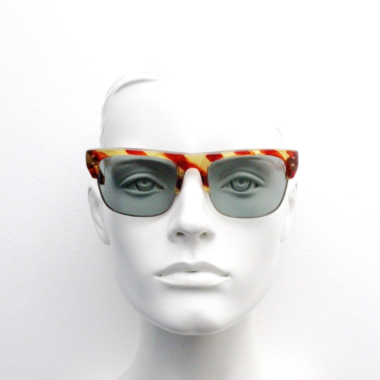 60s vintage low profile wide wayfarer style sunglasses. Mens mod transparent fat arm frame with hand finished print and real glass lenses