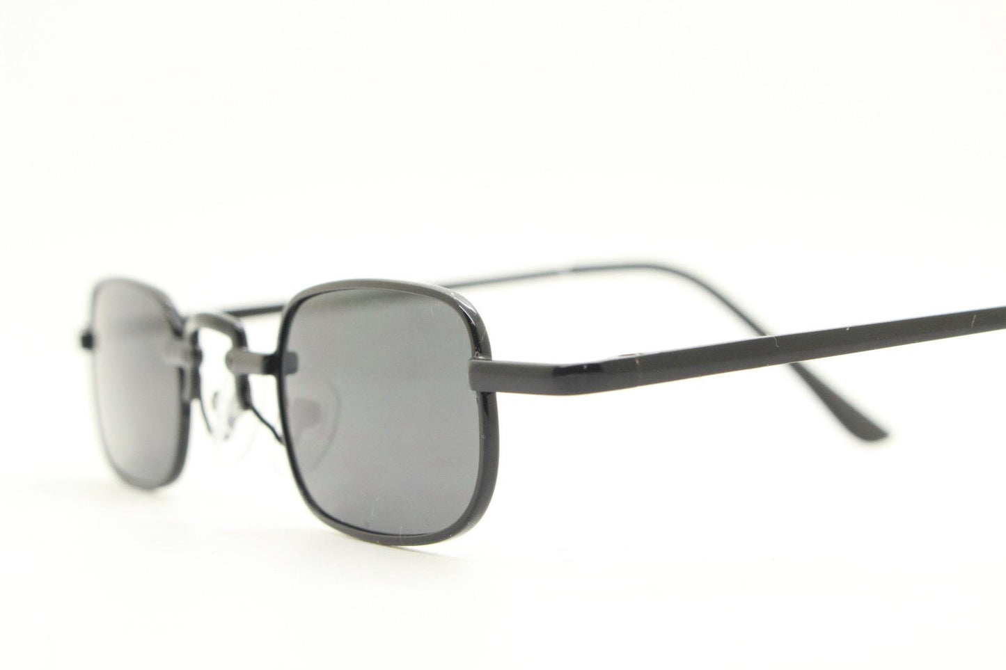 90s vintage small rectangular sunglasses. Imposing minimal all black gloss victorian style frame with dark lenses. Steampunk. Unused NOS
