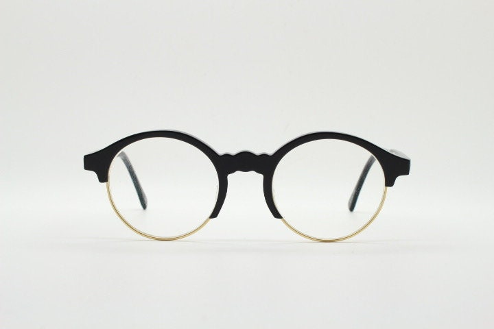 Kaleos round half frame eye glasses. Black gloss acetate browline optical frames with gold underwire. Prescription eyeglasses. RX