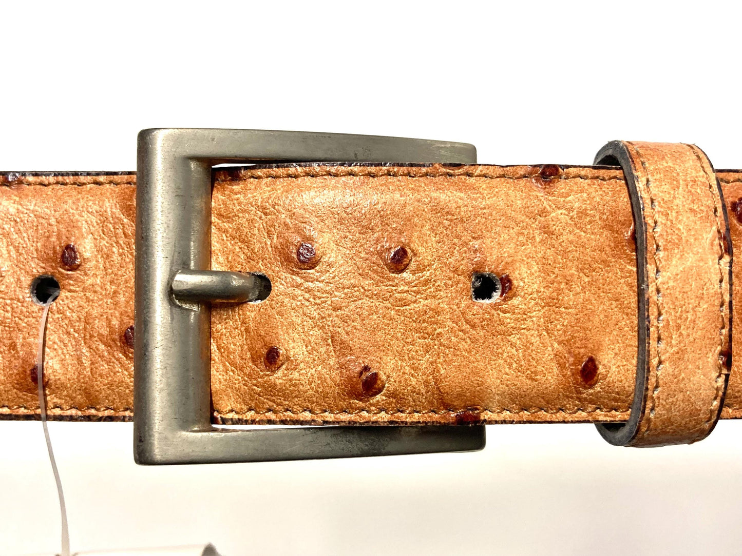 90s vintage fawn / brown genuine leather belt made in Italy by Iguana. Textured finish made to look like Ostrich. BNWT. NOS. Mens XL