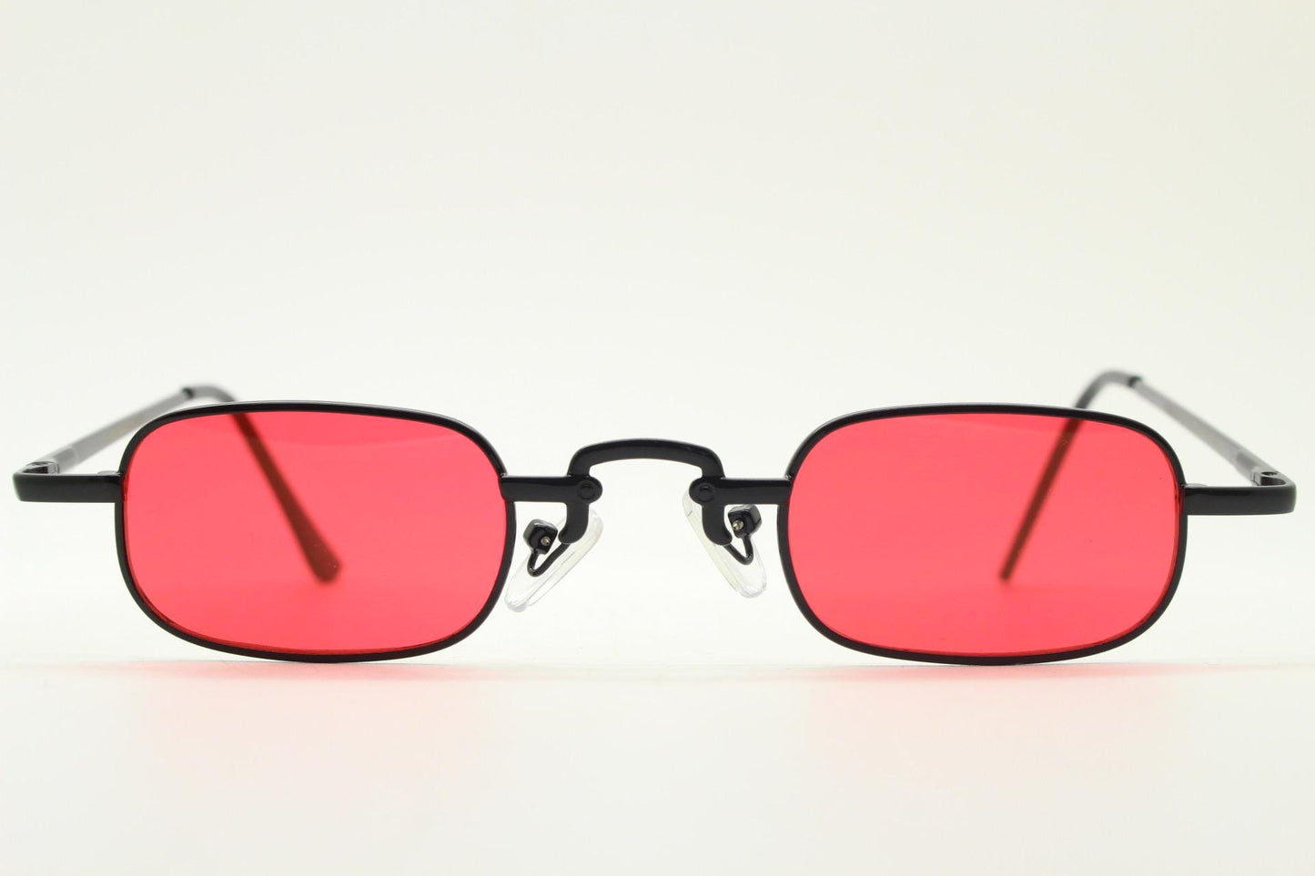 90s vintage small rectangular sunglasses. Imposing minimal black metal victorian style frame with deep red lenses. Unused BNWT