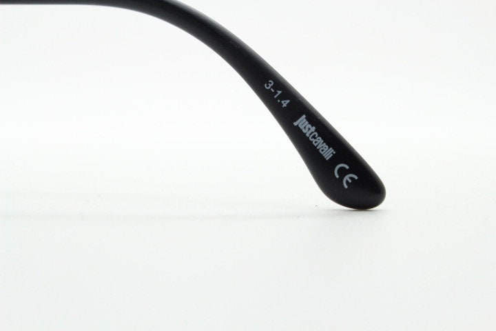 Just Cavalli vintage round eye glasses. Black gloss acetate optical frames with keyhole bridge. Prescription RX spectacles